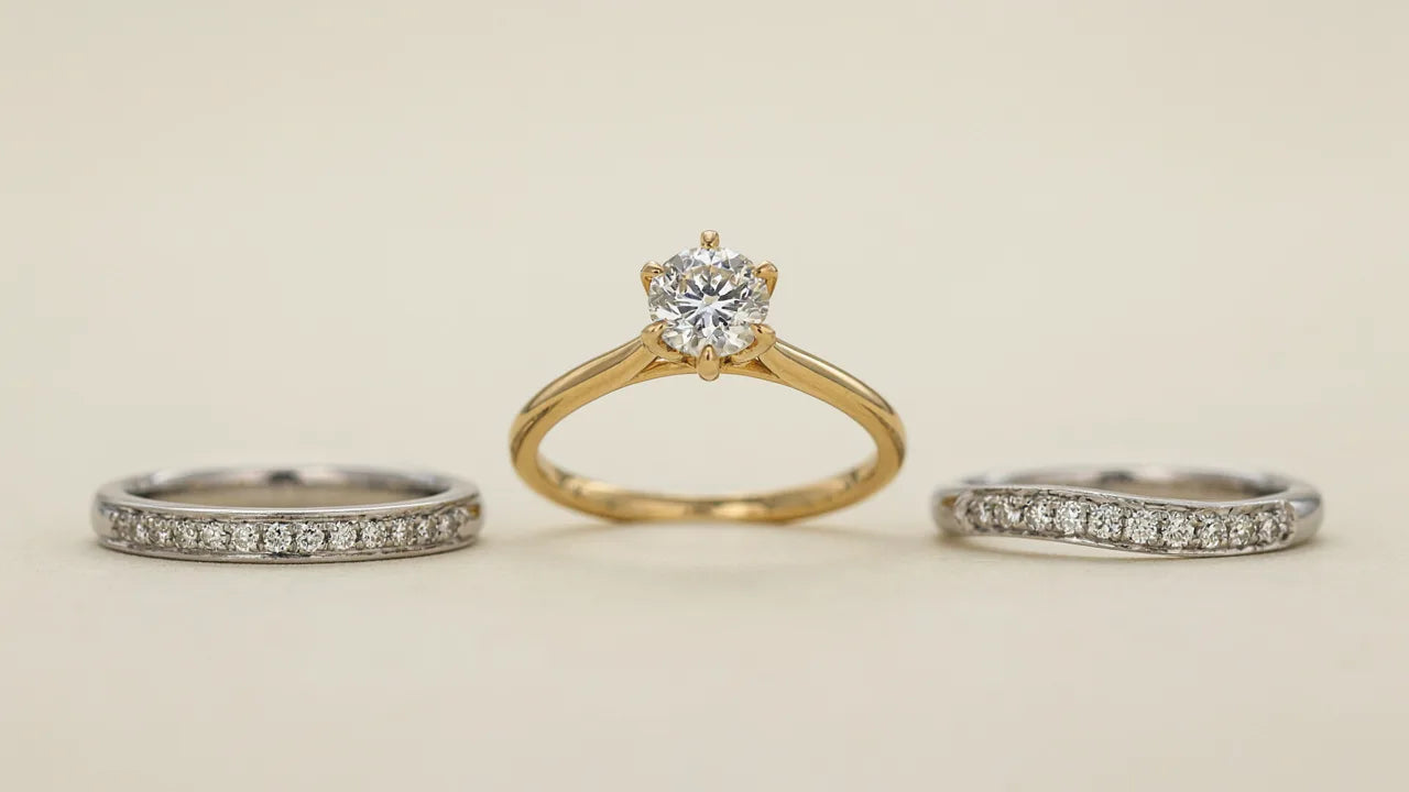 Straight and curved wedding bands styled to complement an engagement ring