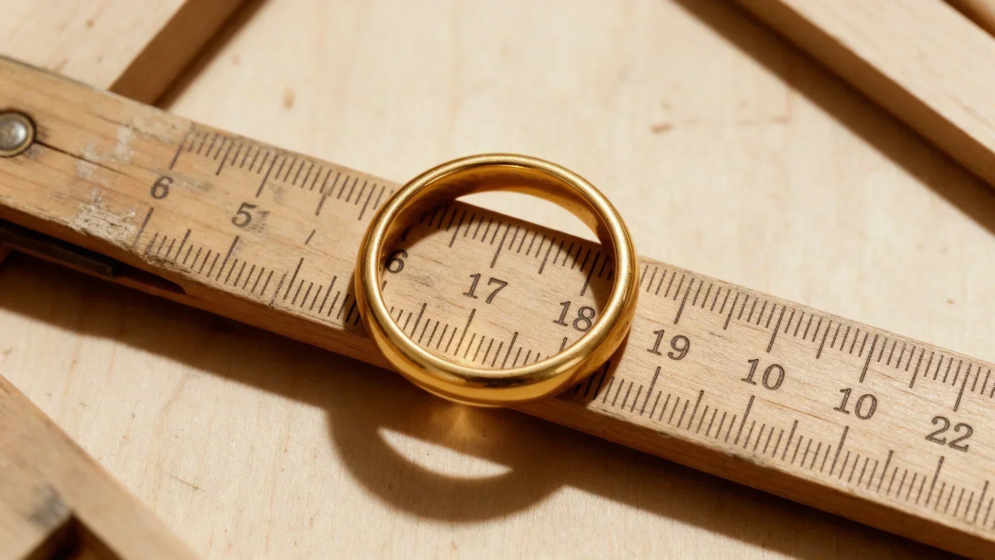 Gold ring measured with a wooden ruler to determine its inside diameter