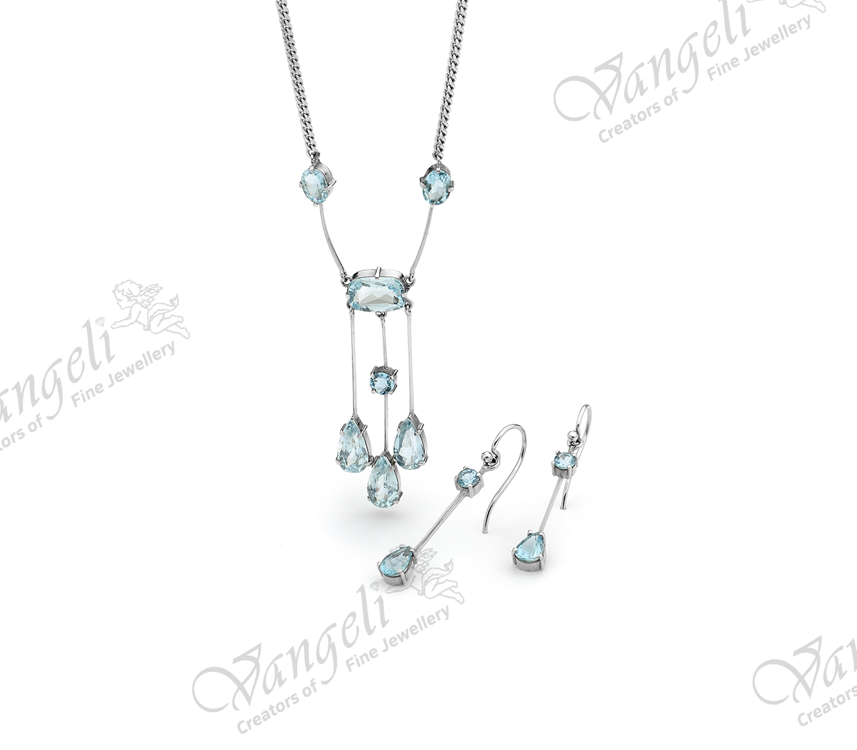 Custom designed 18ct white gold with hand-cut aquamarines necklace and matching earrings