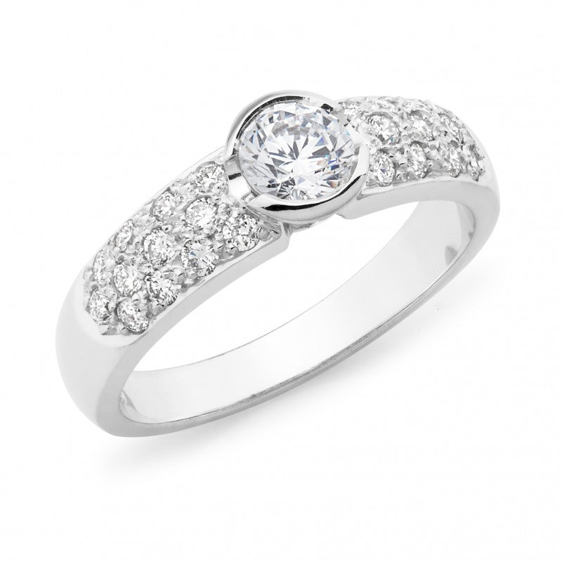 Diamond Bezel/Pave Set Shoulder Stone Engagement Ring in 18ct White Gold