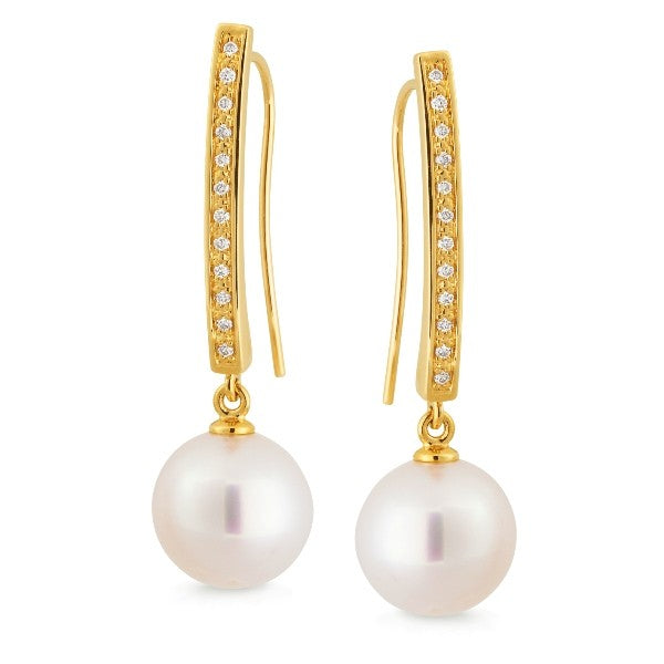 South Sea Pearl & Diamond Drop Pearl Earring in 9ct Yellow Gold